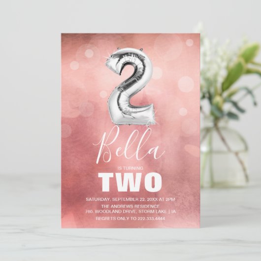 2e verjaardag Silver Balloon | Meisroze Partij Kaart (Staand voorkant)