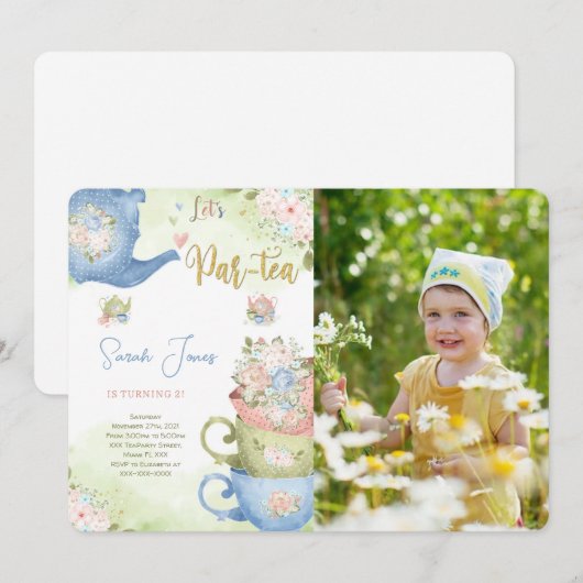 2E verjaardag Tea Party Foto uitnodiging (Voorkant / Achterkant)