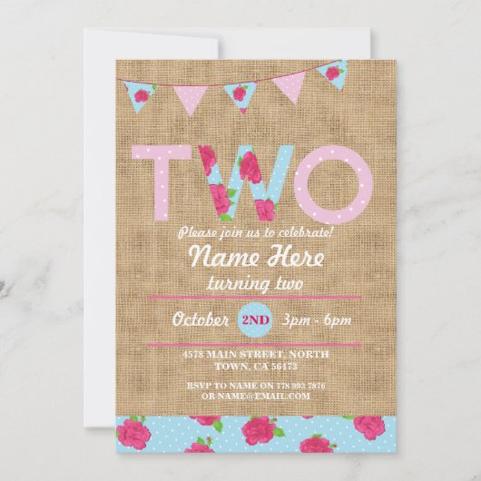 2e verjaardag Tea Party Two 2 Burlap Roos nodigt u Kaart (Voorkant)