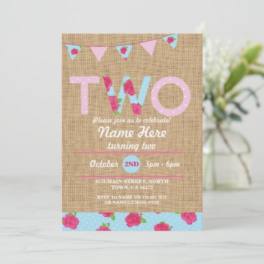 2e verjaardag Tea Party Two 2 Burlap Roos nodigt u Kaart (Staand voorkant)