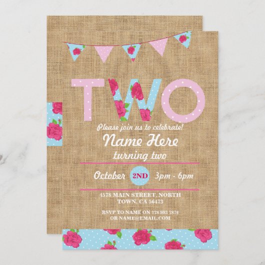 2e verjaardag Tea Party Two 2 Burlap Roos nodigt u Kaart (Voorkant / Achterkant)