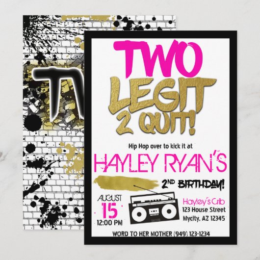 2e verjaardag Tweede Legit met Hip Hop Uitnodiging (Voorkant / Achterkant)
