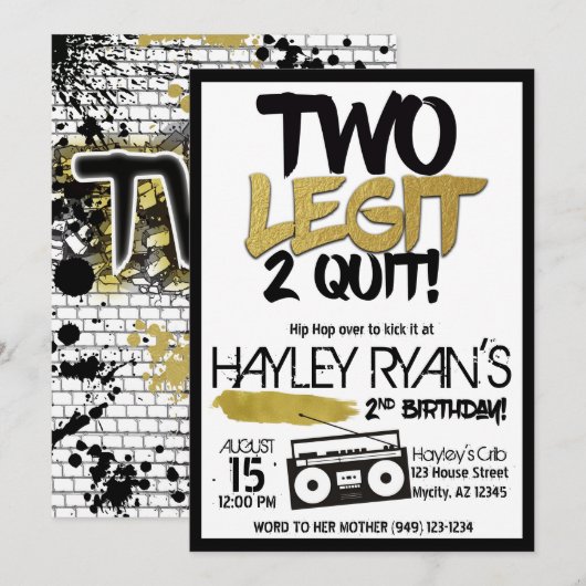 2e verjaardag Tweede Legit met Hip Hop Uitnodiging (Voorkant / Achterkant)