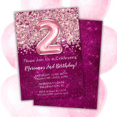 2e verjaardag Uitnodiging Meisje Magenta Roze Glit