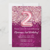 2e verjaardag Uitnodiging Meisje Magenta Roze Glit (Voorkant)