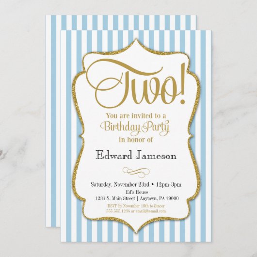 2e verjaardag uitnodiging twee jaar blauw goud (Voorkant / Achterkant)