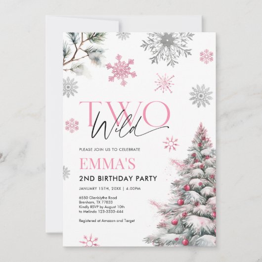 2e verjaardag uitnodiging, twee wilde roze verjaar kaart (Voorkant)