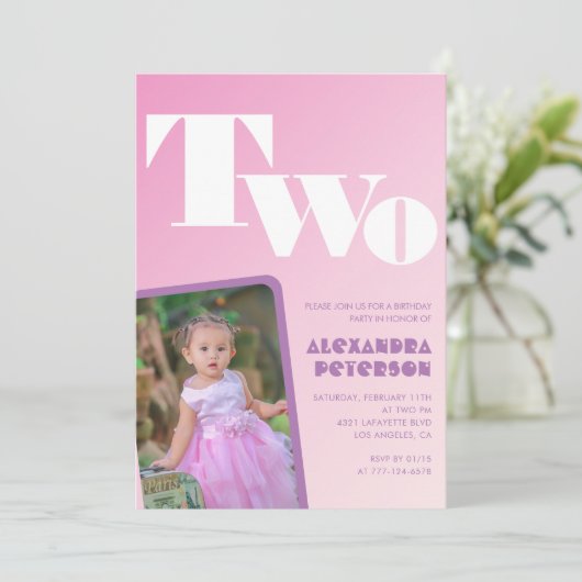 2e verjaardag uitnodigingen Meisje Roze Gradient F (Staand voorkant)