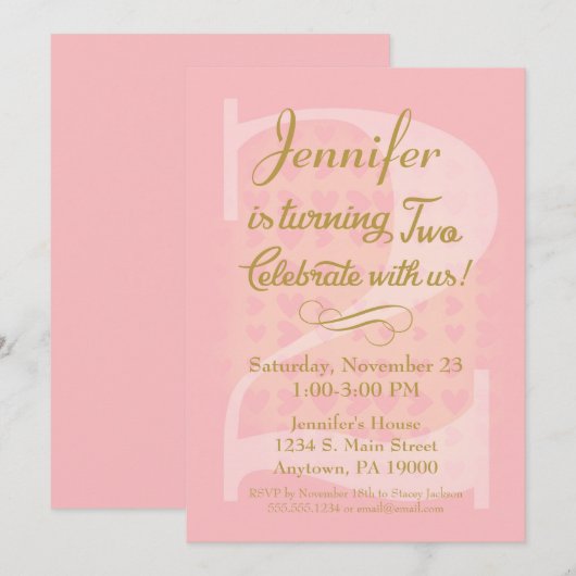 2e verjaardag Uitnodigingsmeisjes roze gouden hart Kaart (Voorkant / Achterkant)