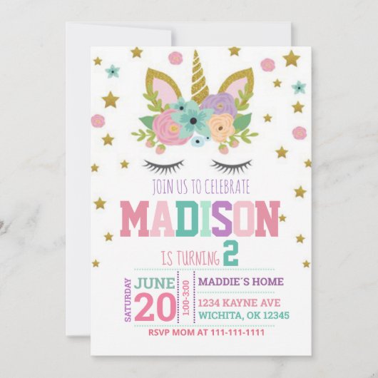 2E VERJAARDAG UNICORN INVITATION SJABLOON KAART (Voorkant)