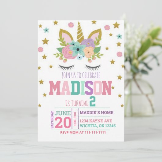 2E VERJAARDAG UNICORN INVITATION SJABLOON KAART (Staand voorkant)
