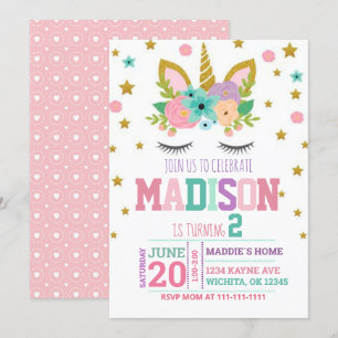 2E VERJAARDAG UNICORN INVITATION SJABLOON KAART