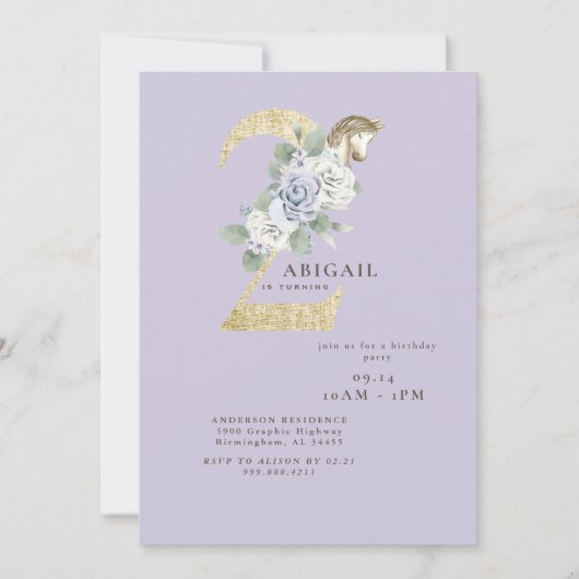 2e verjaardag van de Paarse uitnodiging voor Pony (Voorkant)