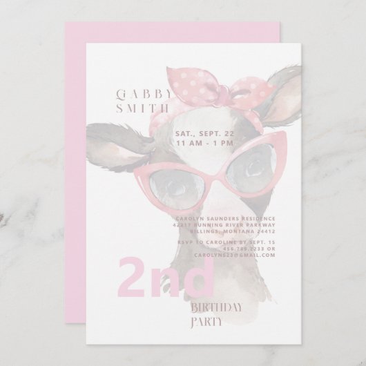 2e verjaardag van de roze Koe roze Kaart (Voorkant / Achterkant)