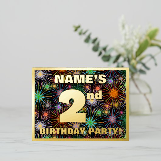 2e verjaardag: Vet, kleurrijk vuurwerk Folie Uitnodiging Briefkaart (Staand Voorkant)