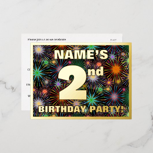 2e verjaardag: Vet, kleurrijk vuurwerk Folie Uitnodiging Briefkaart (Voorkant / Achterkant)