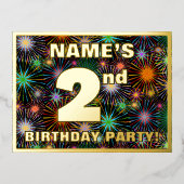 2e verjaardag: Vet, kleurrijk vuurwerk Folie Uitnodiging Briefkaart (Voorkant)