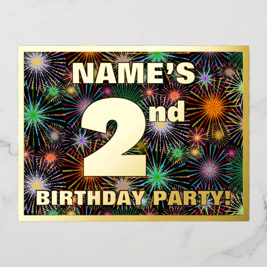 2e verjaardag: Vet, kleurrijk vuurwerk Folie Uitnodiging Briefkaart (Voorkant)
