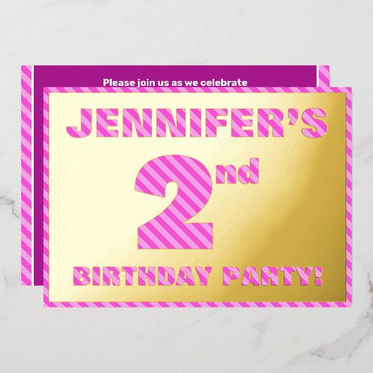 2e verjaardag: Vet, vun, roze band # 2 Folie Uitnodiging (Voorkant / Achterkant)