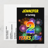 2e verjaardag - vuurwerk, regenboogblik "2" briefkaart (Voorkant / Achterkant)