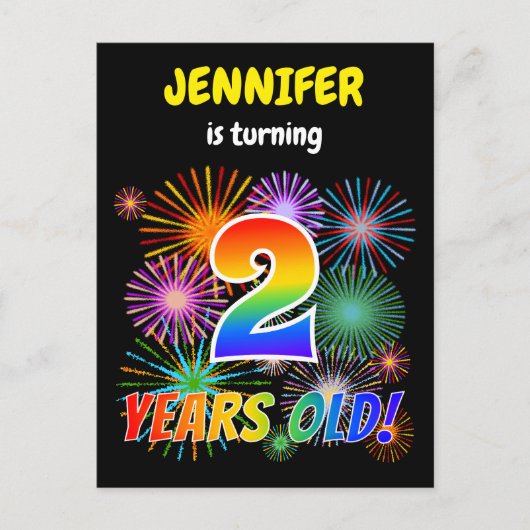 2e verjaardag - vuurwerk, regenboogblik "2" briefkaart (Voorkant)