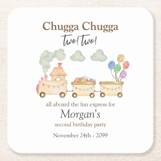 2e Verjaardag Waterverf Brown Train Fun Express Kartonnen Onderzetters (Voorkant)