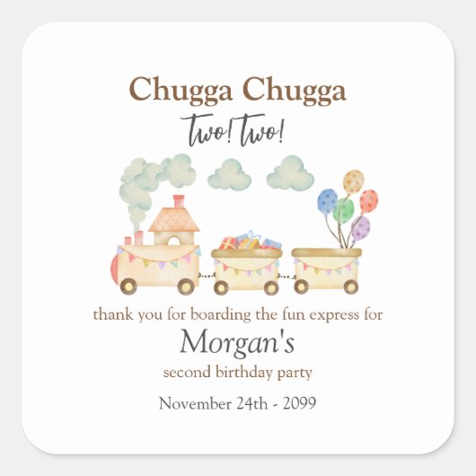 2e Verjaardag Waterverf Brown Train Fun Express Vierkante Sticker (Voorkant)