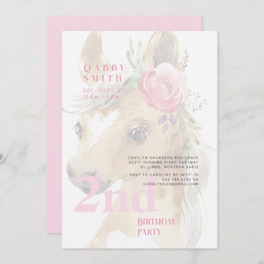 2e verjaardag Waterverf roze Pony Kaart (Voorkant / Achterkant)