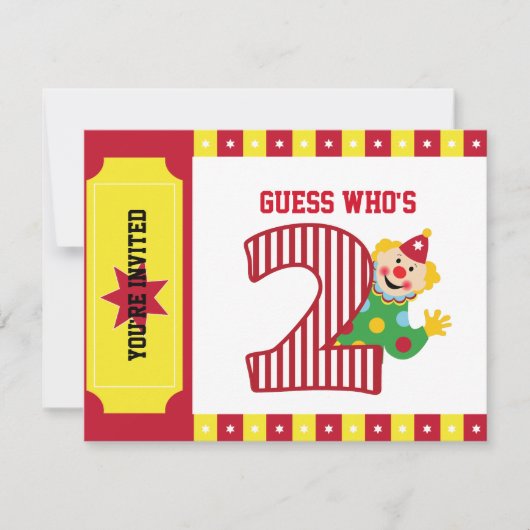 2e verjaardag Waving Circus Clown Uitnodiging (Voorkant)