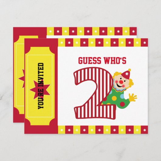 2e verjaardag Waving Circus Clown Uitnodiging (Voorkant / Achterkant)