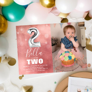 2e verjaardag Zilveren ballon Roze fotofeestje Kaart