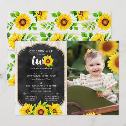 2e verjaardag Zonnebloem & Rustisch hout Foto Kaart (Voorkant / Achterkant)