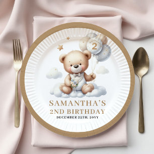 2e verjaardagsborden Gouden Teddybeer Feest Thema Papieren Bordje