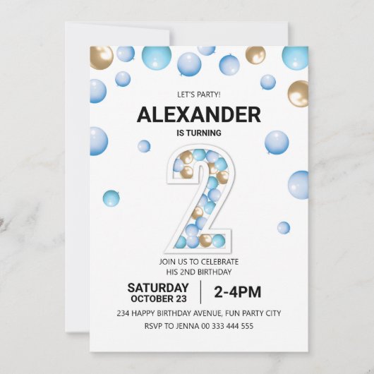 2e verjaardagsfeestje, blauwe en gouden ballon jon kaart (Voorkant)