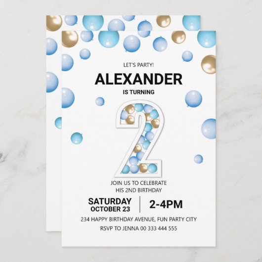 2e verjaardagsfeestje, blauwe en gouden ballon jon kaart (Voorkant / Achterkant)