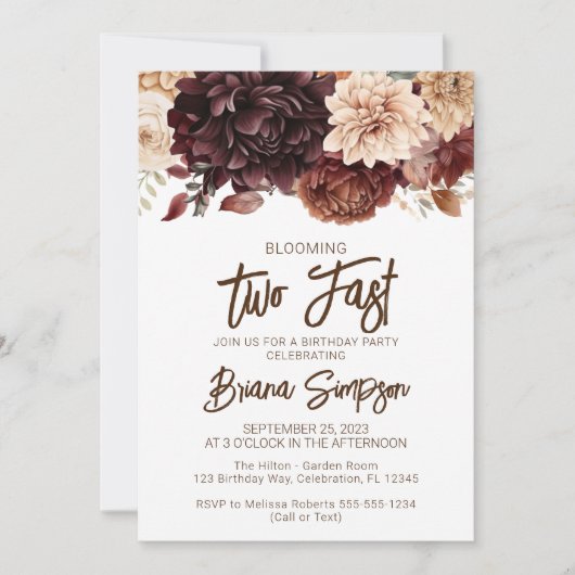 2e verjaardagsfeestje bruin beige bloemen bloemig kaart (Voorkant)