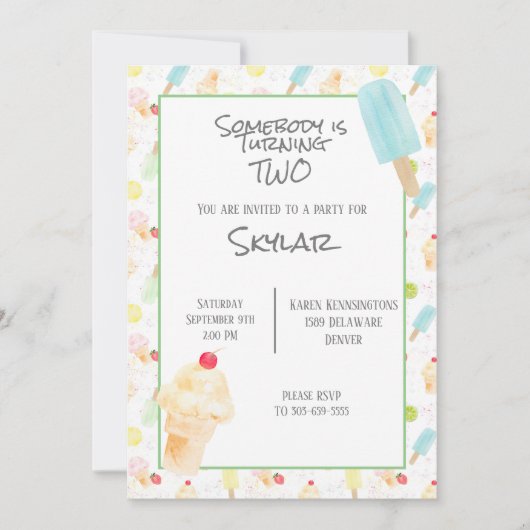 2e verjaardagsfeestje ijs en ijslolly's kaart (Voorkant)
