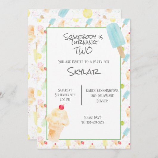 2e verjaardagsfeestje ijs en ijslolly's kaart (Voorkant / Achterkant)