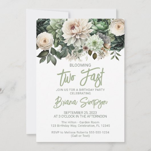 2e verjaardagsfeestje Sage Groene Bloemen Kaart (Voorkant)