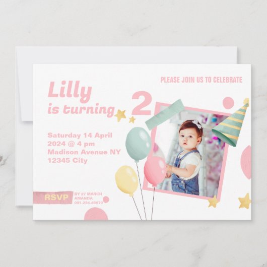 2e verjaardagsfeestje Schattigee fotoballon Uitnod Kaart (Voorkant)