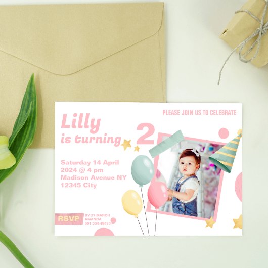 2e verjaardagsfeestje Schattigee fotoballon Uitnod Kaart