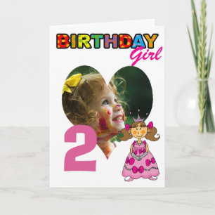 2e verjaardagsmeisje bruin haar prinses foto kaart