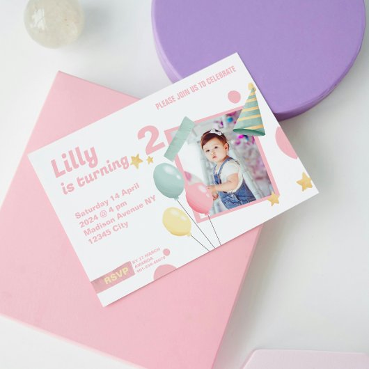 2e Verjaardagsmeisje Schattigee foto-booth Invitat Informatiekaartje