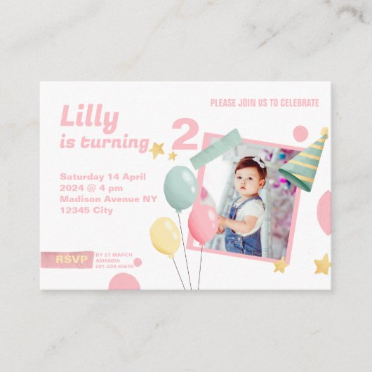 2e Verjaardagsmeisje Schattigee foto-booth Invitat Informatiekaartje (Voorkant)