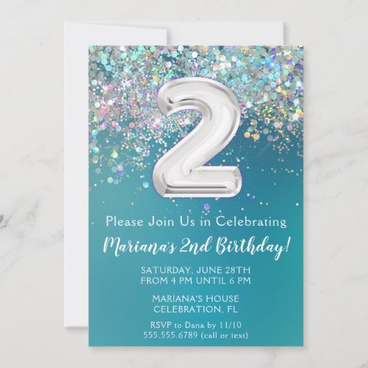 2e verjaardagsuitnodiging Blauwgroen zilveren glit Kaart (Voorkant)