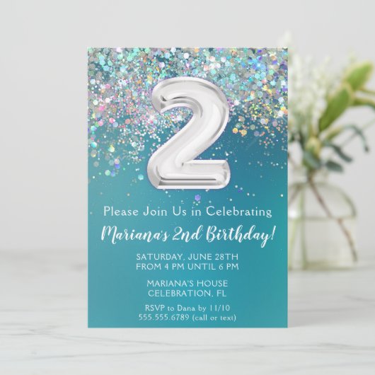 2e verjaardagsuitnodiging Blauwgroen zilveren glit Kaart (Staand voorkant)