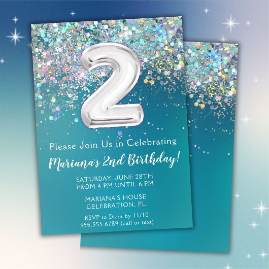 2e verjaardagsuitnodiging Blauwgroen zilveren glit Kaart