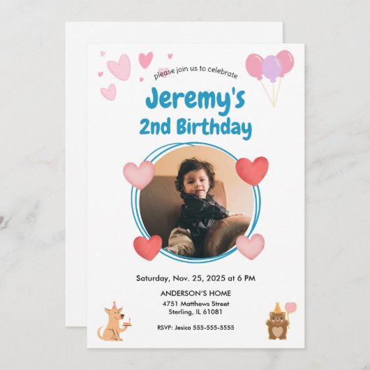 2e verjaardagsuitnodiging met Kind Foto Kaart (Voorkant / Achterkant)