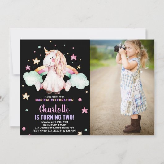 2e zwarte foto eenhoorn verjaardag uitnodigingen (Voorkant)
