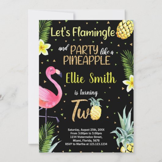 2e zwarte glitter flamingo ananas uitnodigingen (Voorkant)